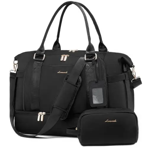 Produktbild: LOVEVOOK Sporttasche Reisetasche Groß, 40L Handgepäck Tasche für Sport Reise Flugzeug, Weekender Travel Duffle Bag mit Kulturtasche, Schuhfach & Nassfach, Wasserdicht Gym Bag Overnight Bag, Schwarz