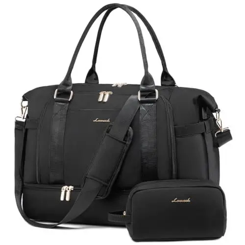 Produktbild: LOVEVOOK Sporttasche Reisetasche Damen, Weekender Travel Duffle Bag mit Kulturtasche, Schuhfach & Nassfach, Wasserdicht Gym Bag Overnight Bag, Handgepäck Tasche für Sport Reisen Flugzeug, Schwarz