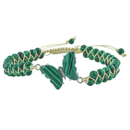 Produktbild: Lovionus89 Chakra Heilkräuter-Armbänder, handgefertigte doppellagige Steinperlen-Armbänder mit Schmetterlingsanhänger, Meditationsarmbänder für Frauen, Faux Malachit