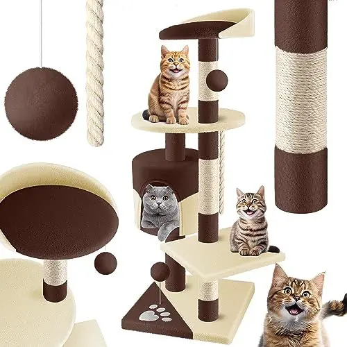 Produktbild: LOVPET® Kratzbaum Katzenbaum Kletterbaum, mit Sisalstämmen, Stabil, mit Höhle, Spielbälle, Spielsisal & Spielseil, Höhe 112cm, mit vielen Kuschel- und Spielmöglichkeiten, Braun