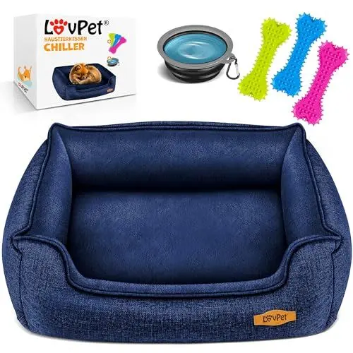 Produktbild: Lovpet® Hundebett Hundekissen Hundekorb Chiller, Inkl. Napf + 3X Kauknochen, Hundesofa Kissen für Kleine, Mittelgroße & Große Hunde, Bezug abnehmbar und waschbar, XL 110 x 75 x 27 cm Navyblau