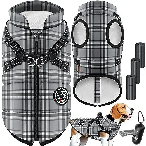 Produktbild: LOVPET® Hundejacke Hundemantel mit Geschirr, inkl. 45 Stück Kotbeutel + Spender, Hunde Winterweste gefüttert wasserdicht, Gepolsterte Weste Mit Brustgurt, Reflektoren, D-Ring 5XL, Grau