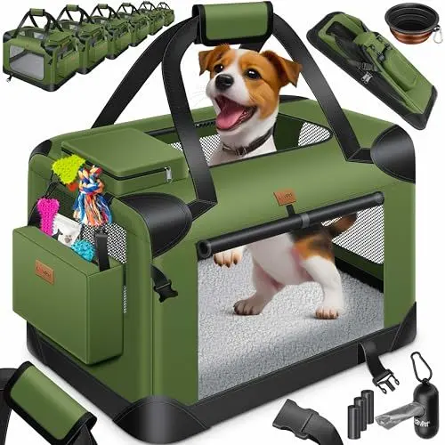 Produktbild: LOVPET® Transportbox Hund Katze Transporttasche M 60x42x44cm | Hunde-Tragetasche Faltbare Katzentasche | Haustier-Transportbox inkl. Hundenapf & Schultergurt | für Katzen & Hunde Khaki