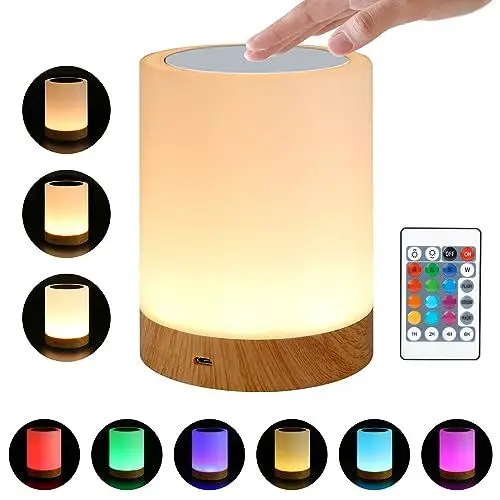 Produktbild: LOVUMMOR LED Nachttischlampe mit Fernbedienung und Touch/Timing Funktion, Ambiente Tischlampe Nachtlicht Dimmbar 13 Farben 5 Helligkeiten 3 Modi, USB Aufladbar Nachtlampe für Kinderzimmer Schlafzimmer