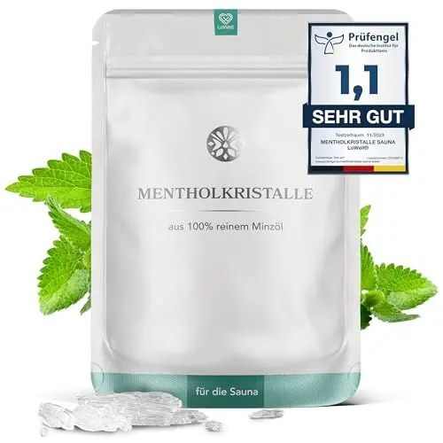 Produktbild: LoWell® 100g Mentholkristalle aus 100% reiner Minze - Ideal als Sauna Aufgussmittel für die Sauna in wiederverschließbarer Beutel - Menthol