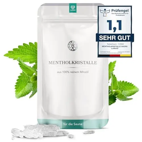 Produktbild: LoWell® 50g Mentholkristalle aus 100% reiner Minze - Ideal als Sauna Aufgussmittel für die Sauna - Wiederverschließbarer Beutel - Menthol