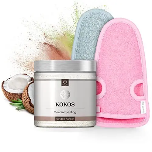 Produktbild: LoWell® Körperpeeling Set mit Peelinghandschuh - Hautpeeling 500g Hamam Peeling Handschuh für Körper und Gesicht - Body Scrub - Kokos