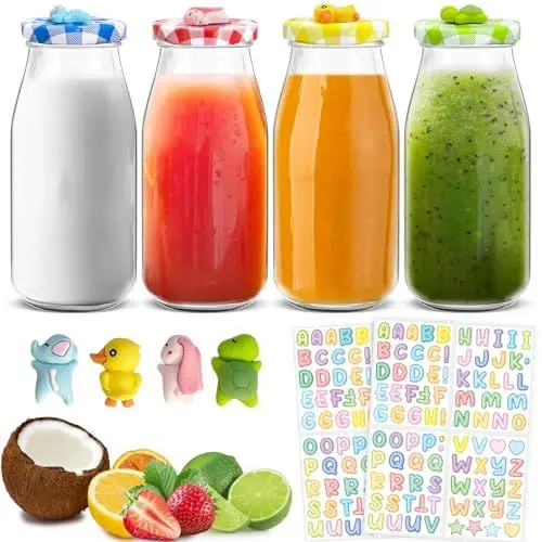Produktbild: Loyaboho 4Stk Milchflaschen Glasflaschen 250ml,Flaschen zum befüllen Vier Farbe mit Schraubverschluss,Zum selbst befüllen von Milchflaschen, Saftflaschen, Smoothie Flaschen, Getränkeflaschen.