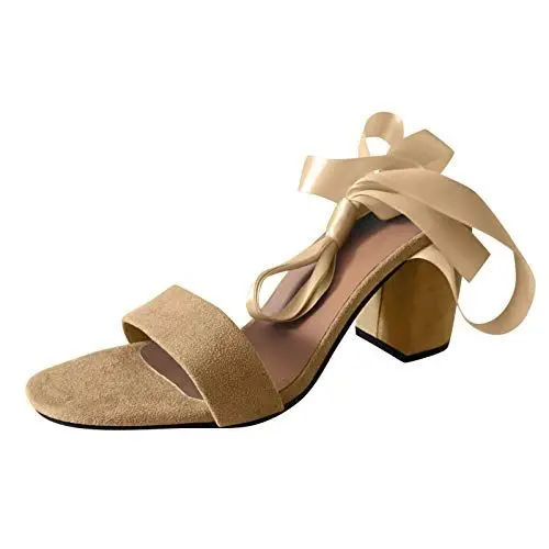 Produktbild: Damen Riemchen Velours Sandale Pumps hohen Absätzen,Elegant Riemchensandalen Pump Elegant Pumps mit Blockabsatz Perfekt für Party täglich Dating 6.5cm Heels Beige,38