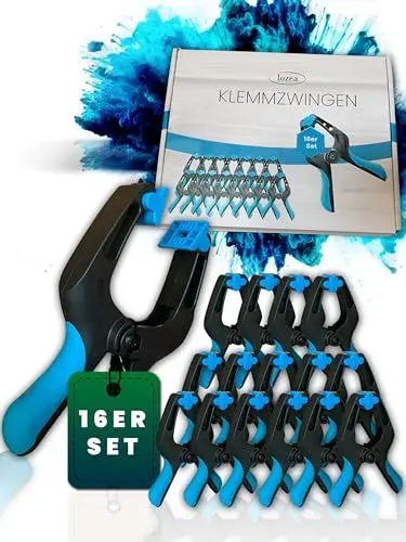 Produktbild: LOZEA 16er-Set Klemmzwingen mit einer Klemmkraft von 13kg & einer Spannweite von 7cm für bombenfeste & stabile Fixierungen zum Leimen, für Fotoleinwände oder als Poolplanen-Sicherung gegen Unwetter