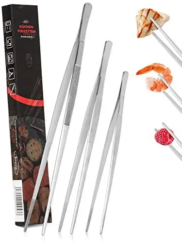 Produktbild: lozea 3er-Set Kochpinzette in 30cm, 25cm & 20cm im rostfreien 18/8 Edelstahl für ein erstklassiges Kocherlebnis an Familien-& Grillabenden zum Wenden & Greifen von Lebensmitteln in der Küche & Grill