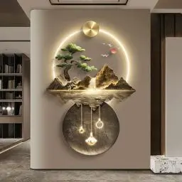 Produktbild: LPAGOLMIX 3D Wandmalerei Wand hängende Skulptur, 3D-Wandgemälde mit Licht, Wandskulptur aus Metall, luxuriöse Wanddekoration mit Bergwasserbaum, Landschaftsgemälde for Aufhängen(B,70L x 50