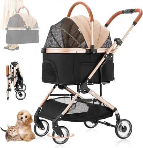 Produktbild: LPOTIUS Hundebuggy Faltbar, 3 in 1 Hundewagen mit Abnehmbarer Reisesitz Haustier Kinderwagen Hundebox Klappbar, Haustiere Buggy Geeignet für kleine Hunde und Katzen unter 20 kg (Khaki)