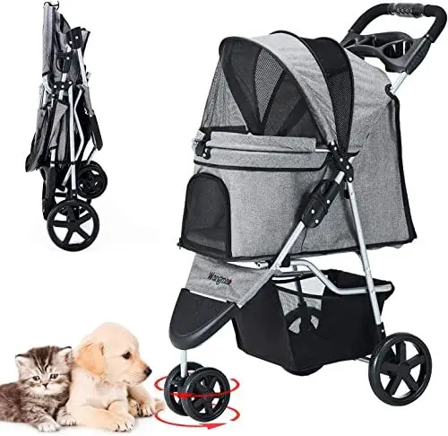 Produktbild: LPOTIUS Hundewagen 15 Kg Haustier Buggy Hund Katze Klappbar Hundebuggy 3 Räder Haustier Kinderwagen mit Storage Basket, Hundebox für kleine Hunde Katzen (Grau)