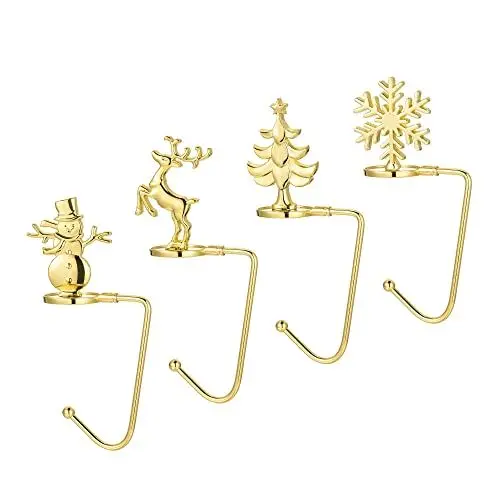 Produktbild: Lpraer 4 Stück Weihnachtsstrumpf Halter Set, Rutschfeste Kaminhaken Gold Nikolausstrumpf Nikolausstiefel Halterung, Weihnachtsbaum/Weihnachtsmann/Schneeflocke/Schneemann, Weihnachtsdeko für Kamin