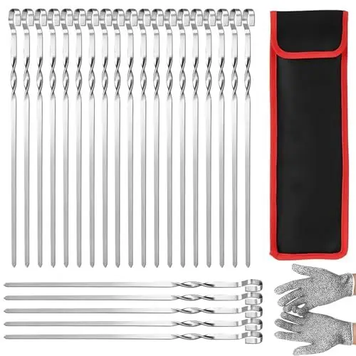 Produktbild: LQCOZYM® Grillspieße Edelstahl, 24 Stück Schaschlikspieße Edelstahl + Ein Paar Handschuhe + Aufbewahrungstasche, Für Fleisch, Schaschlikspieße und Gemüse (24 Stück·· 38 cm Grillspieße)