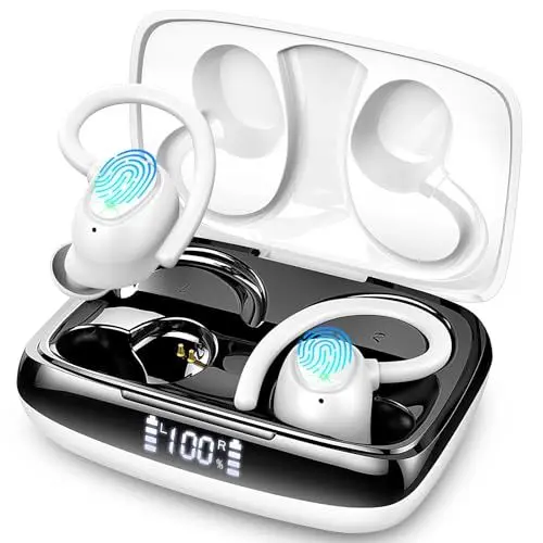 Produktbild: Lrecat Bluetooth Kopfhörer Sport, Kopfhörer Kabellos Bluetooth 5.3 Stereo mit ENC Mic Lärmreduzierung, 48H In ear Kopfhörer bluetooth mit LED-Anzeige, Tiefer Bass, USB-C, IP7 Wasserdicht Ohrhörer Weiß