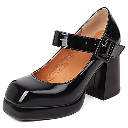 Produktbild: Lroey Reoly Damen Blockieren Ferse Mary Jane Schuhe, Höhe Ferse Pumpe Square Toe Schnalle Abendschuhe mit Plateau Mode Solid Schuhe Kimdrn Schwarz Gr 47 EU