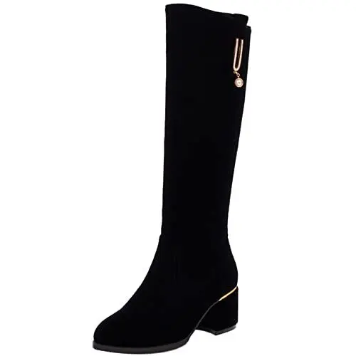 Produktbild: Lroey Reoly Damen Hohe Stiefel mit Blockabsatz, Anzugstiefel Mitte Absatz Runde Zehen Boots Zip Abend 159 Schwarz Gr 38 EU