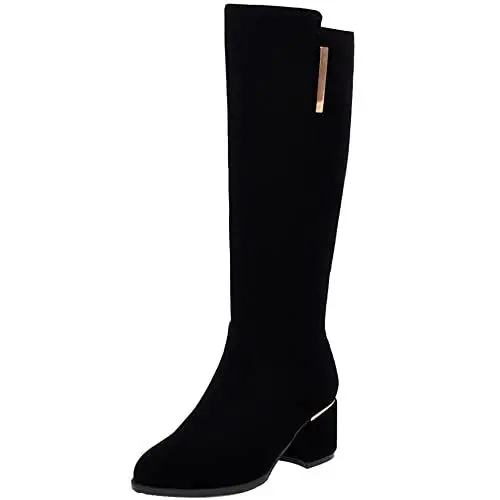 Produktbild: Lroey Reoly Damen Hohe Stiefel mit Blockabsatz, Anzugstiefel Mitte Absatz Runde Zehen Boots Zip Franse 162 Schwarz Gr 52 EU