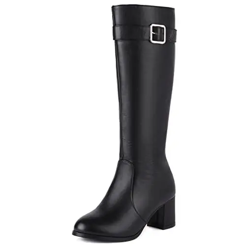 Produktbild: Lroey Reoly Damen Hohe Stiefel mit Blockabsatz, Anzugstiefel Simple Zip Overknees Stiefel Mitte Absatz Runde Zehen 301 Schwarz Gr 40 EU