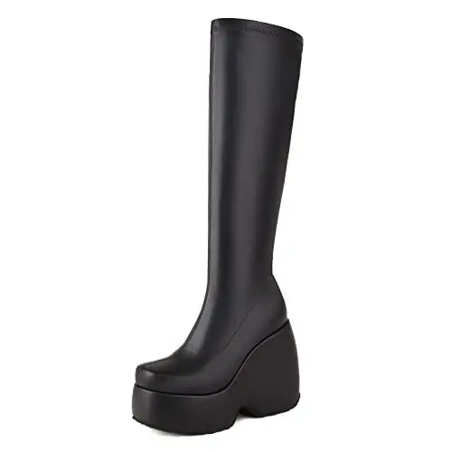 Produktbild: Lroey Reoly Damen Keilabsatz Kniehohe Stiefel, Stretch Stiefel Runde Zehen Höhe Ferse Overknees Stiefel Ohne Verschluss mit Plateau, Z1643Iq Schwarz Gr 40 EU