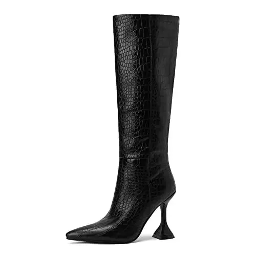 Produktbild: Lroey Reoly Damen Louis- XV Absatz Kniehohe Stiefel, Anzugstiefel Pointed Toe Höhe Ferse Overknees Stiefel Ohne Verschluss Animal Skin Print, P637Yg Schwarz Gr 40 EU