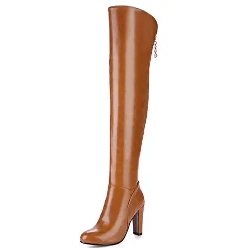 Produktbild: Lroey Reoly Damen Overknee Stiefel mit Blockabsatz, Anzugstiefel Mode Zip Overknees Stiefel Höhe Ferse Pointed Toe 362 Braun Gr 43 EU