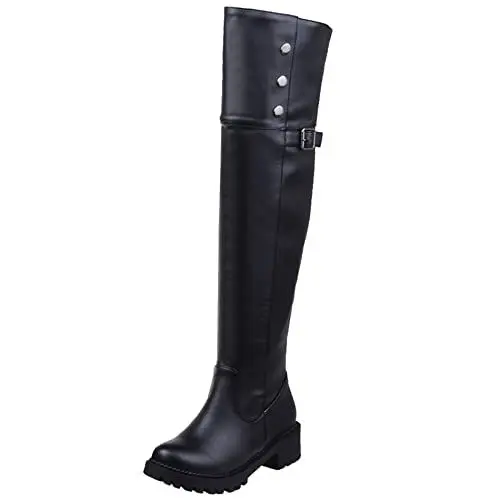 Produktbild: Lroey Reoly Damen Overknee Stiefel mit Blockabsatz, Reitstiefel Leisure Zip Overknees Mitte Absatz Runde Zehen Flach 341 Schwarz/Dl Gr 45 EU