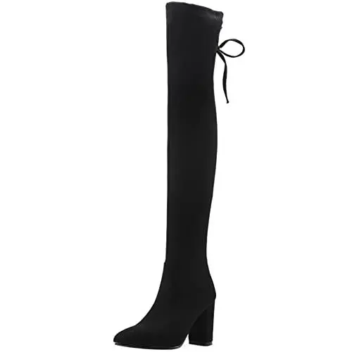 Produktbild: Lroey Reoly Damen Overknee Stiefel mit Blockabsatz, Stretch Stiefel Höhe Ferse Pointed Toe Anzugstiefel Ohne Verschluss 057 Schwarz Gr 46 EU