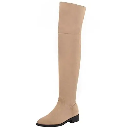 Produktbild: Lroey Reoly Damen Overknee Stiefel mit Blockabsatz, Stretch Stiefel Mitte Absatz Square Toe Boots Zip 183 Aprikose Gr 33 EU