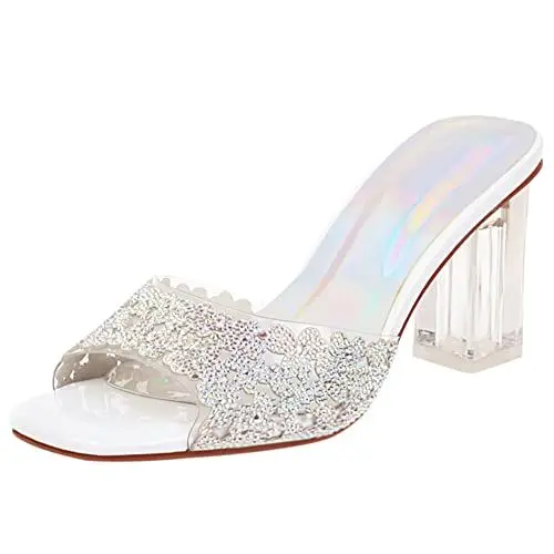 Produktbild: Lroey Reoly Damen Pantoletten mit Absatz, Sandalen Mode Blockabsatz Transparente Schuhe Ohne Verschluss Glitzersteine 222 Weiß Gr 42 EU