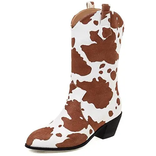 Produktbild: Lroey Reoly Damen Stiefeletten mit Blockabsatz, Cowgirlstiefel Pointed Toe Mitte Absatz Kurzschaft Stiefel Ohne Verschluss Animal Skin Print, Z13029Gk Braun Gr 43 EU