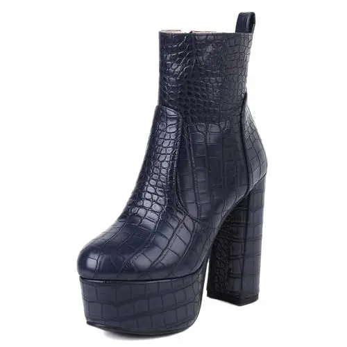 Produktbild: Lroey Reoly Damen Stiefeletten mit Blockabsatz, Partystiefeletten mit Plateau Runde Zehen Höhe Ferse Kurzschaft Stiefel Zip Animal Skin Print, H16786Cm Blau Gr 38 EU