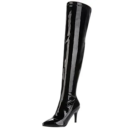 Produktbild: Lroey Reoly Damen Stiletto Overknee Stiefel, Partystiefel Höhe Ferse Pointed Toe Feste Stiefel Zip 061 Schwarz Gr 48 EU