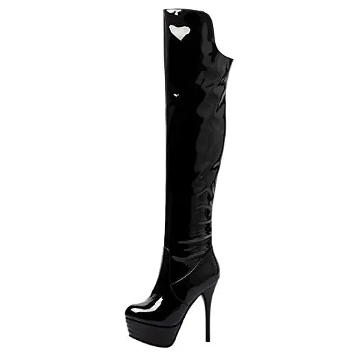 Produktbild: Damen Stiletto Overknee Stiefel, Partystiefel Höhe Ferse Runde Zehen Boots Zip Plateau Solid 062 Schwarz Gr 40 EU