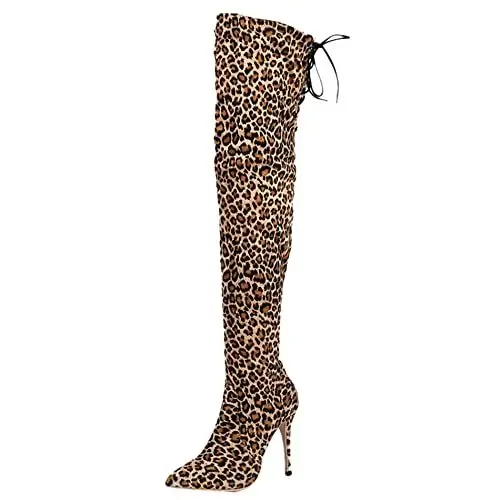 Produktbild: Lroey Reoly Damen Stiletto Overknee Stiefel, Partystiefel Mode Zip Overknees Stiefel Höhe Ferse Pointed Toe 360 Leopard Gr 48 EU