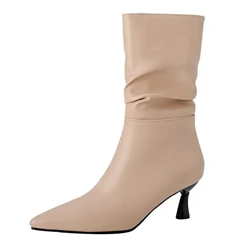 Produktbild: Lroey Reoly Damenstiefeletten mit Kitten-Heel, Kleid Stiefeletten Elegant Ohne Verschluss Kurzschaft Stiefel Mitte Absatz Pointed Toe 371 Aprikose Gr 45 EU