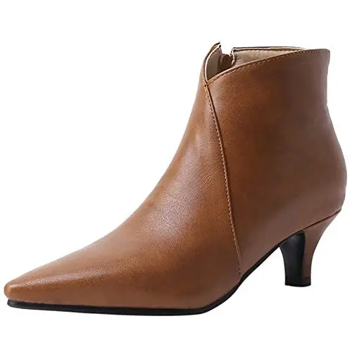 Produktbild: Lroey Reoly Damenstiefeletten mit Kitten-Heel, Kleid Stiefeletten Mitte Absatz Pointed Toe Stiefeletten Zip Simple 081 Braun Gr 37 EU