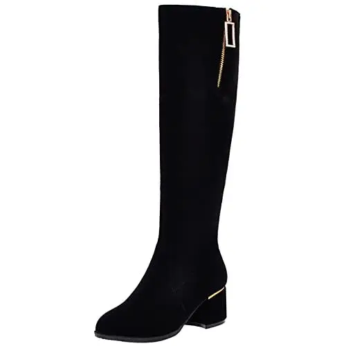 Produktbild: Lroey Reoly Kniehohe Damenstiefel mit Blockabsatz, Anzugstiefel Mitte Absatz Runde Zehen Boots Zip Franse 161 Schwarz Gr 49 EU