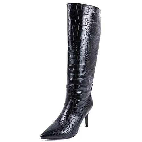 Produktbild: Lroey Reoly Kniehohe Damenstiefel mit Stiletto-Absatz, Partystiefel Pointed Toe Höhe Ferse Overknees Stiefel Ohne Verschluss Animal Skin Print, K487Be Schwarz Gr 40 EU