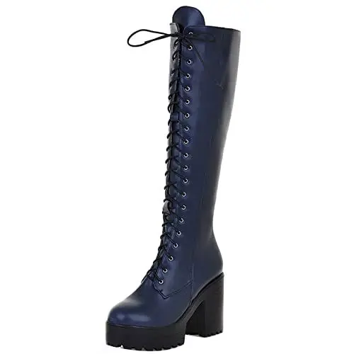 Produktbild: Lroey Reoly Kniehohe Stiefel Chunky Damen, Kampfstiefel Mode Zip Overknees Stiefel Höhe Ferse Runde Zehen mit Plateau 238 Blau Gr 43 EU