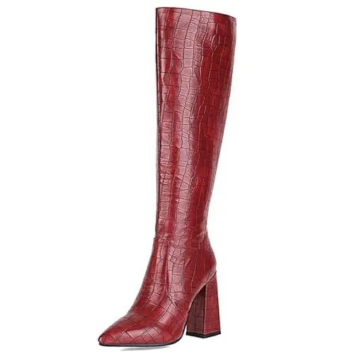 Produktbild: Lroey Reoly Kniehohe Stiefel mit Blockabsatz Für Damen, Anzugstiefel Pointed Toe Höhe Ferse Overknees Stiefel Zip Animal Skin Print, U7631Dd Rot Gr 45 EU