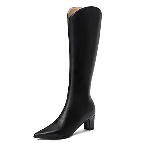 Produktbild: Lroey Reoly Kniehohe Stiefel mit Blockabsatz Für Damen, Anzugstiefel Pointed Toe Mitte Absatz Overknees Stiefel Zip, K1290Vy Schwarz Gr 39 EU