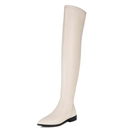 Produktbild: Lroey Reoly Overknee-Stiefel mit Blockabsatz Für Damen, Reitstiefel Pointed Toe Niedrige Absatz Overknees Stiefel Zip, Q8056Rb Beige Gr 48 EU