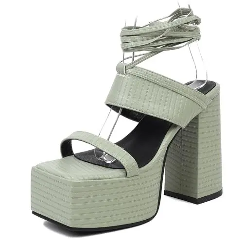 Produktbild: Lroey Reoly Pantoletten Für Damen, Offene High-Heel-Sandalen Schnüren Chunky Mule Ankle Wrap mit Plateau, 14376Tyo Grün Gr 40 EU