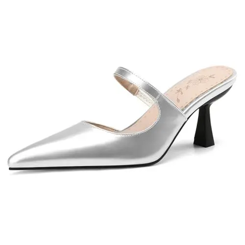 Produktbild: Lroey Reoly Pantoletten Für Damen, Sandalen mit Spitzer Zehenpartie und Hohem Absatz Ohne Verschluss Louis XV Absatz Mule, 16108Csv Silber Gr 48 EU