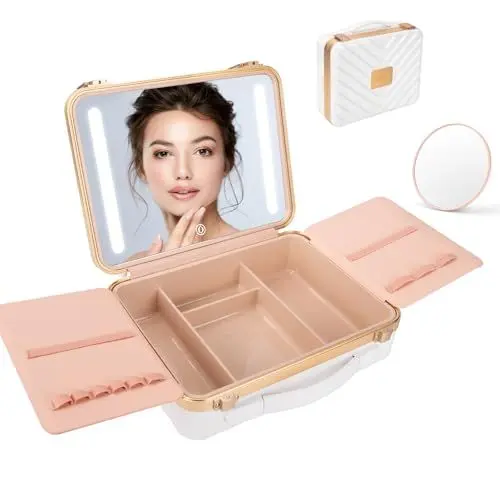 Produktbild: LRUKEY Reise-Make-up-Box mit Leuchtendem Spiegel, Tragbare Make-up-Tasche, Make-up-Box, Wiederaufladbare Make up Organizer, mit 3-farbigem LED-Spiegel und Abnehmbarer Lupe(weiß)
