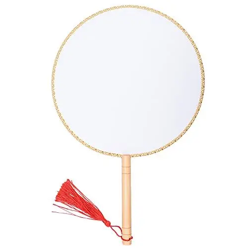 Produktbild: LSFYYDS Hochzeitsfächer, Klassischer Runder Seide-Fächer mit Holzgriff, Klassischer Fächer mit Quastengriff, Handfächer, Festival-Fächer, Geschenk-Fächer, Bastel-Fächer,(runder Holzgriff/seidenweiß)