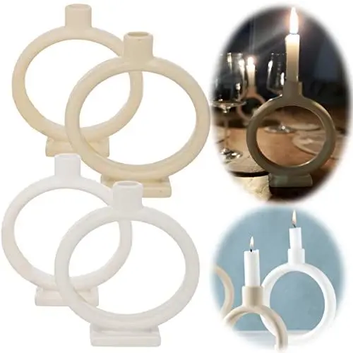 Produktbild: LS-LebenStil 2X Kreis Kerzenständer Creme Weiß 14/20cm Donut rund geschwungen Stabkerzen-Kerzenhalter
